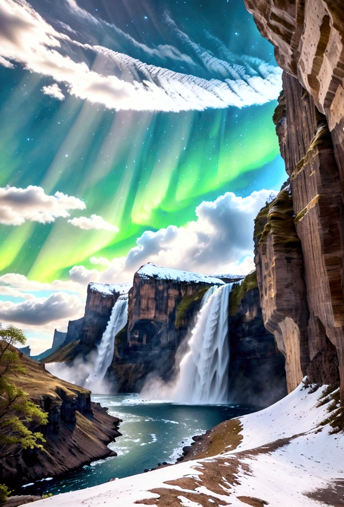 Giant waterfall_realistic fine details, EbonyGoldAI masterpiece, best quality, high quality, high resolution, (((beautiful detailed sky))), awesomeeur, country house, wonderful(magnificent, gorgeous), view(see), great view, high definition, ((best shadows)), realistic, nature, snow, landscape, clouds, snow capped mountains, rocks, hills, cliffs, trees, footpath, Iceland night sky_aurora, moonlight, ((highly detailed)), (surreal very fine details), ((very detailed and beautiful)), dynamic angle, river, best quality image quality, quiet, clear,