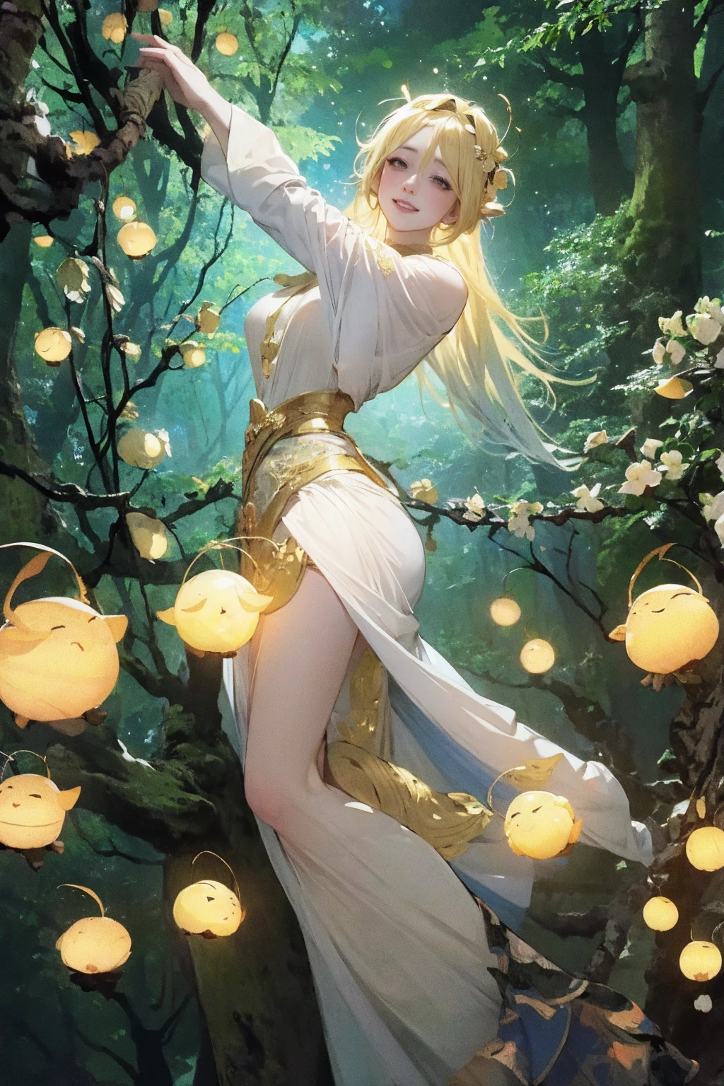 1 girl, ,,Simple smile, High-definition images, A woman, Her hair is decorated with glowing fireflies, There is a charming light in the eyes. Wearing a robe woven from moonlight, She stood in a mysterious forest，The trees come alive. on site, Bathed in the ethereal light of fireflies, Captured in an enchanted forest art style., (masterpiece, best quality, Official Art,Intricate details:1.2)，Bikini，underwear，，Ketone bodies are looming