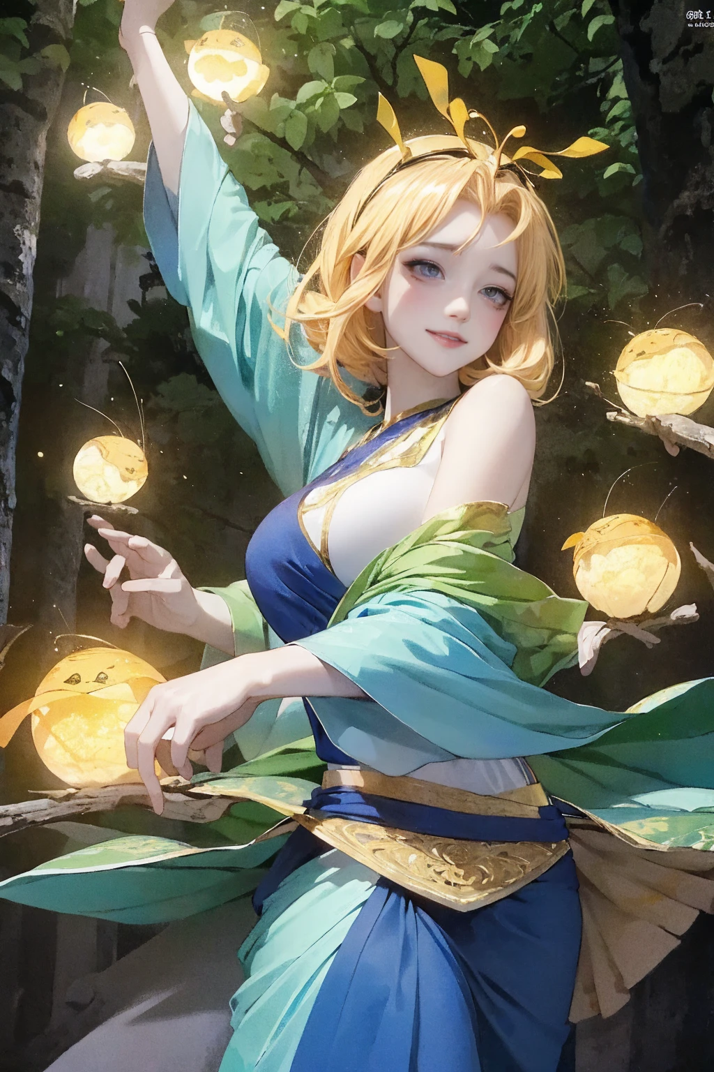 1 girl, ,,Simple smile, High-definition images, A woman, Her hair is decorated with glowing fireflies, There is a charming light in the eyes. Wearing a robe woven from moonlight, She stood in a mysterious forest,The trees come alive. on site, Bathed in the ethereal light of fireflies, Captured in an enchanted forest art style., (masterpiece, best quality, Official Art,Intricate details:1.2),Bikini,underwear,,Ketone bodies are looming