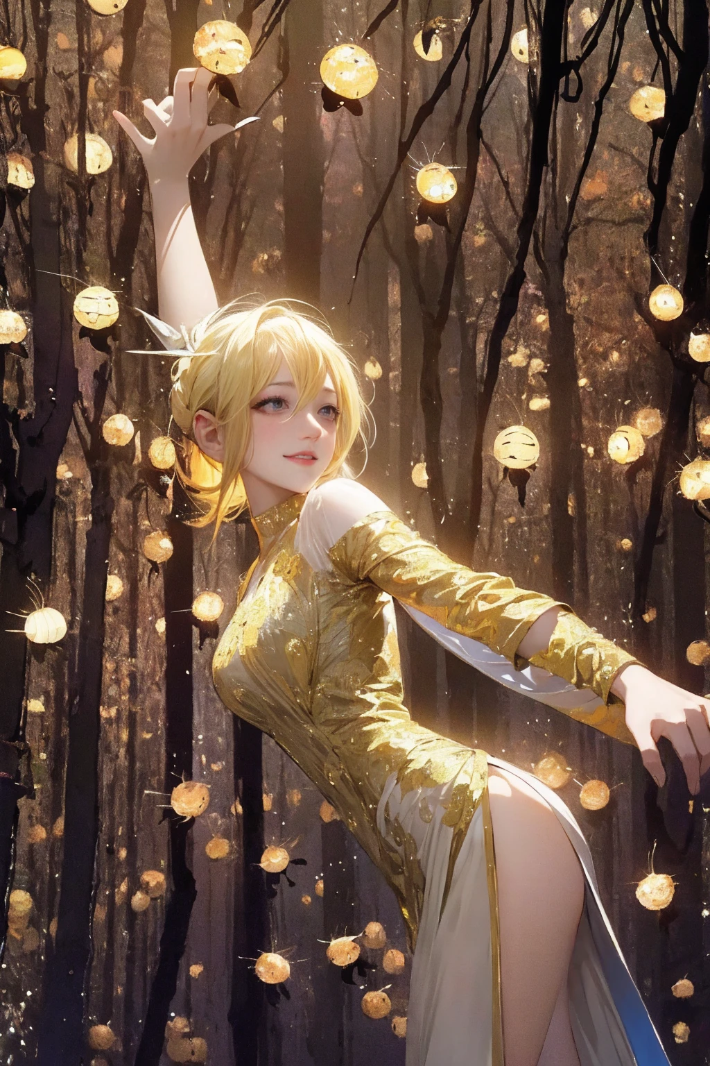 1 girl, ,,Simple smile, High-definition images, A woman, Her hair is decorated with glowing fireflies, There is a charming light in the eyes. Wearing a robe woven from moonlight, She stood in a mysterious forest，The trees come alive. on site, Bathed in the ethereal light of fireflies, Captured in an enchanted forest art style., (masterpiece, best quality, Official Art,Intricate details:1.2)，Bikini，underwear，，Ketone bodies are looming