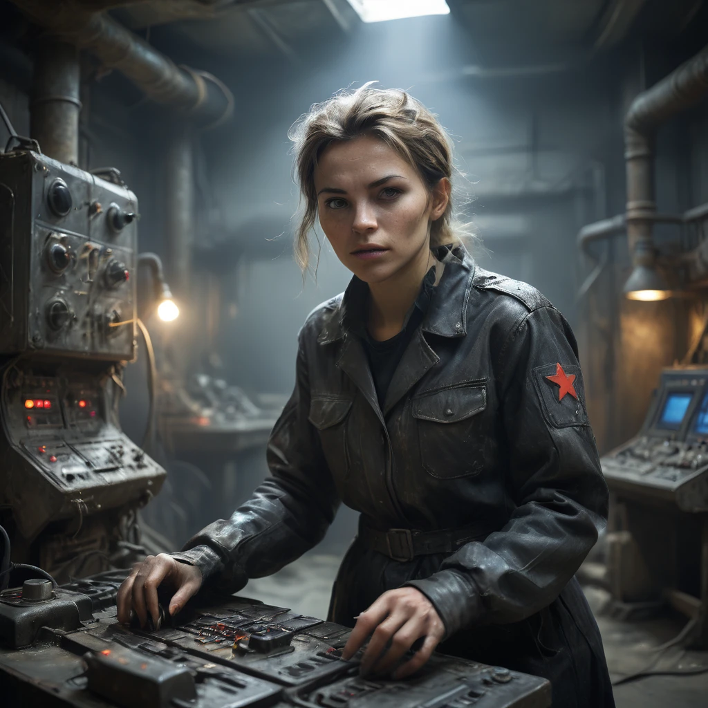 A young soviet woman in a black labtech outfit operating controls amid industrial elements in a dark brutalist room with dramatic backlighting. (vacations, selective focus:1.3), (small:1.4)