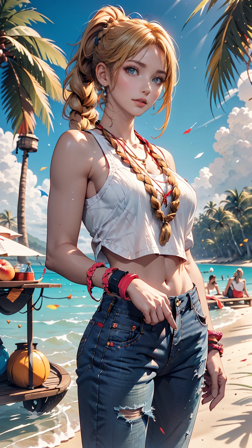 tshirt design, rzminjourney, Vector art, summer design, Hot as Hawaii、24-year-old female、Blonde、blue eyes、Braided ponytail((braided ponytail))、Heavy makeup、Wristbands on both wrists、Cut-off pants((cutoff pants))、Fashionable sandals、blue sky、Tropical Island、Into the river、unmanned、Sandy Beach