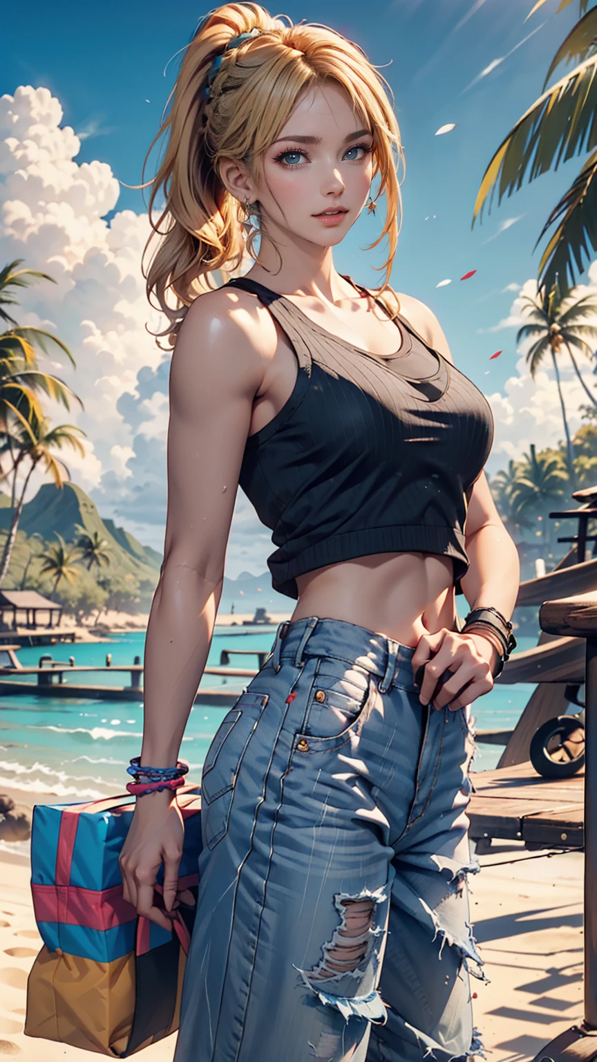 tshirt design, rzminjourney, Vector art, summer design, Hot as Hawaii、24-year-old female、Blonde、blue eyes、Braided ponytail((braided ponytail))、Heavy makeup、Wristbands on both wrists、Cut-off pants((cutoff pants))、Fashionable sandals、blue sky、Tropical Island、Into the river、unmanned、Sandy Beach