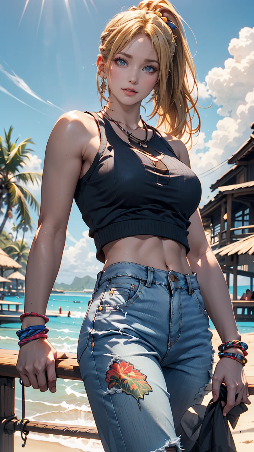 tshirt design, rzminjourney, Vector art, summer design, Hot as Hawaii、24-year-old female、Blonde、blue eyes、Braided ponytail((braided ponytail))、Heavy makeup、Wristbands on both wrists、Cut-off pants((cutoff pants))、Fashionable sandals、blue sky、Tropical Island、Into the river、unmanned、Sandy Beach