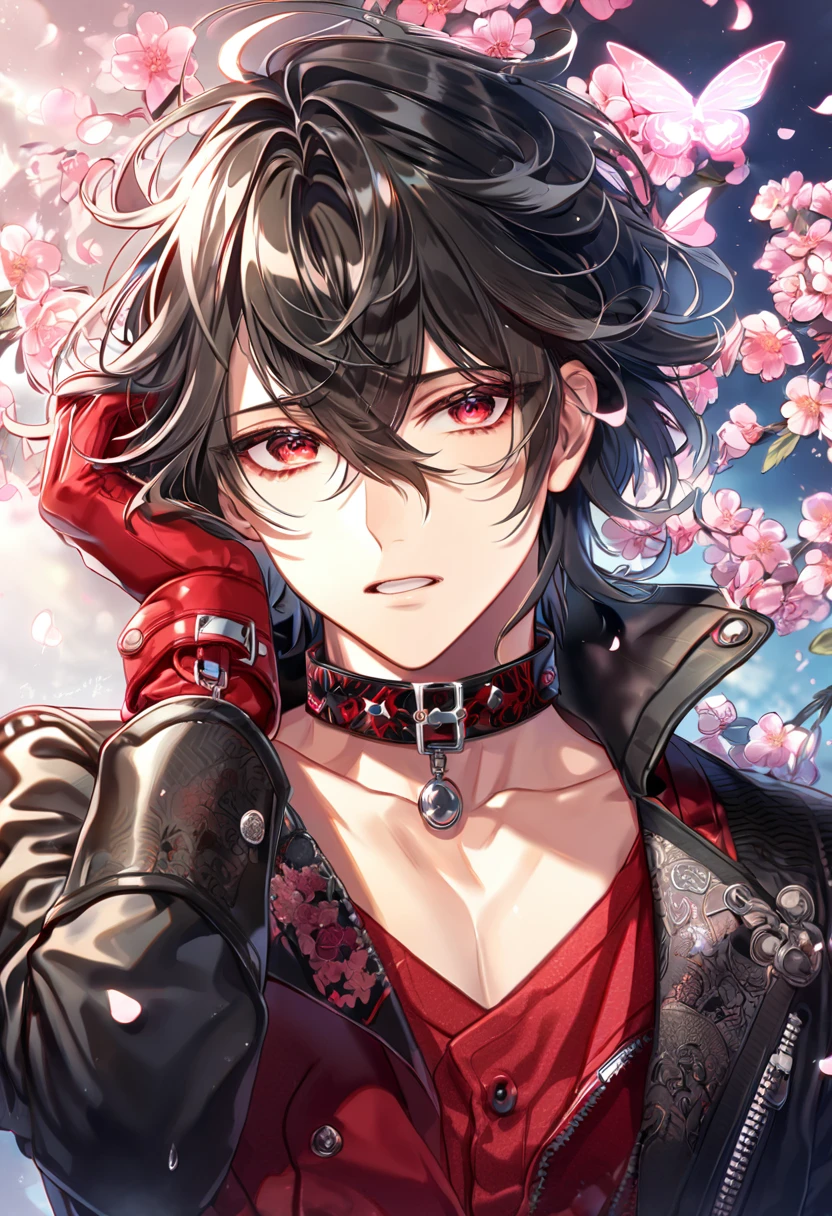 absurdres, highres, ultra detailed, HDR, master piece, best quality, extremely detailed, Shin, black hair, messy hair, expressive red eyes, Amnesia memories, solo, sexy man, handsome, cropped black leather jacket, red shirt with black patterns, red collar, red gloves, fantasy, shining, pink flowers, pink blossoms, pink butterflies, pink petals