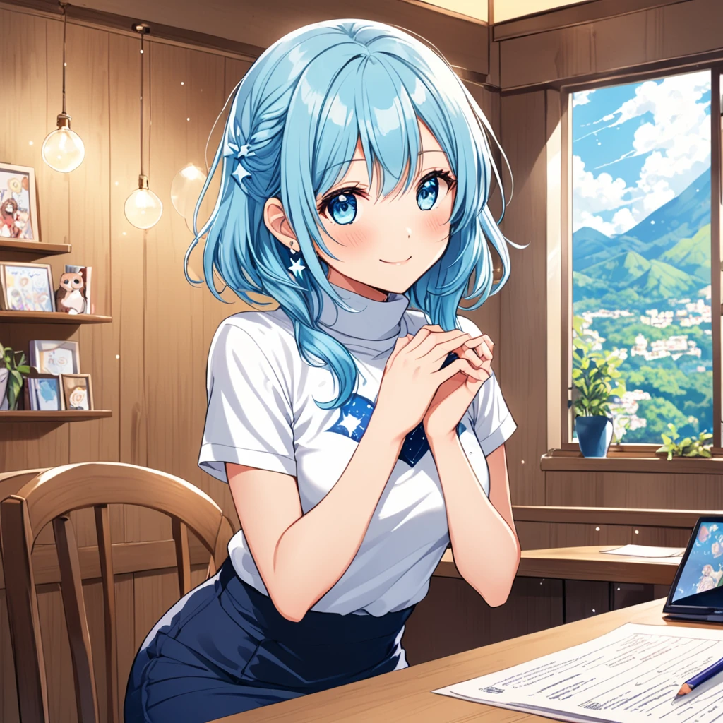 Aoi Nakamura is an extremely cute and charming young journalist, perfect as a mascot for Anime Lover Brazil. Your light blue hair, Long and slightly wavy, falls gracefully from the shoulders, giving it an elegant and captivating look. Her big clear eyes are always shining with curiosity and enthusiasm, reflecting your passion for discovering new stories and adventures.
Aoi's fair and smooth skin highlights her semi-human nature, while the adorable wolf ears, covered in soft blue fur, positioned on top of the head, add a distinctive and charming touch to your appearance. Complementing its wolfish characteristics, a blue wolf tail sways happily behind her, expressing your emotions clearly.
Dressed in a white turtleneck micro t-shirt, adjusted to the body, and a low-waisted pencil skirt decorated with small star designs, Aoi displays a cute, age-appropriate style. Its slender and exposed waist adds an innocent charm, while small earrings in the shape of hearts or stars complete her enchanting look.
In his characteristic pose, Aoi is sitting with her arms crossed, exuding a combination of confidence and tenderness. With a radiant smile and a sparkle in your eyes, She forms a heart with her hands, showing your love and dedication to your work and your friends. This pose not only highlights her cuteness, but also his friendly and energetic personality, captivating everyone around you.