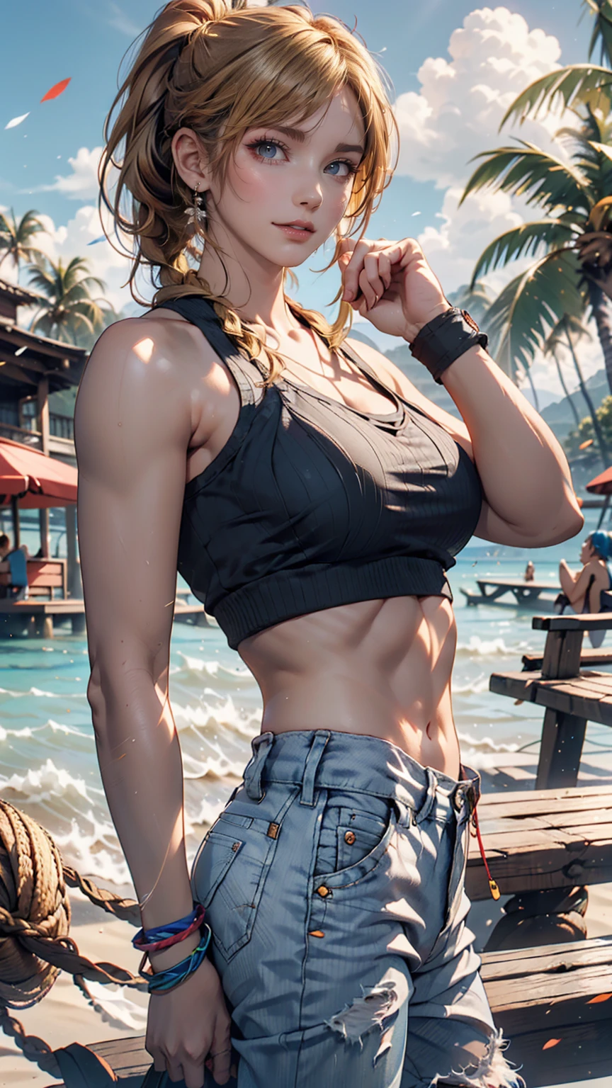 Tia shows herself with a quite slender figure.. she has grayish white hair , She has short hair and big pale green eyes., wearing a white tank top with a colorful print, hazel bermuda shorts, posing sitting on a staircase with graffiti, Upper part of the body, Concrete staircase background with graffiti in a skate park,palms,Deep in the field,dutch angle,evening light,evening,Sunset,los angles smirk, seductive smile
, exposed cleavage, medium breasts, top quality, many details, Puri Focus Sharp and realistic