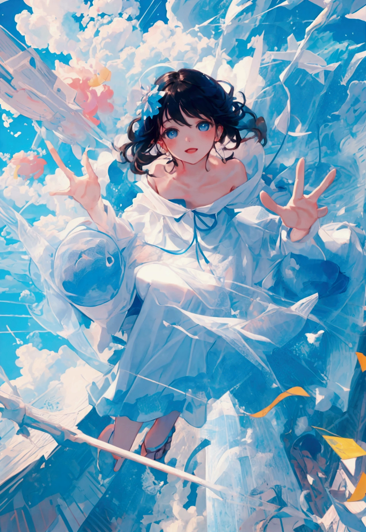 masterpiece, best quality, movie still, 1girl, floating in the sky, youth, cloud, (close-up:1.1), bright, happy, fun, soft lighting, (Bauhaus, shapes, lines, abstract:1.1)