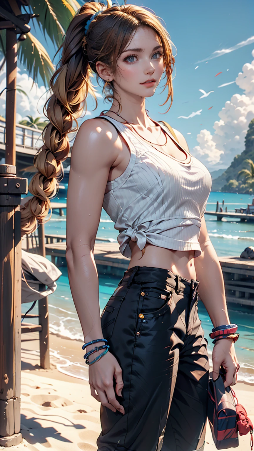 tshirt design, rzminjourney, Vector art, summer design, Hot as Hawaii、24-year-old female、Blonde、blue eyes、Braided ponytail((braided ponytail))、Heavy makeup、Wristbands on both wrists、Cut-off pants((cutoff pants))、Fashionable sandals、blue sky、Tropical Island、Into the river、unmanned、Sandy Beach