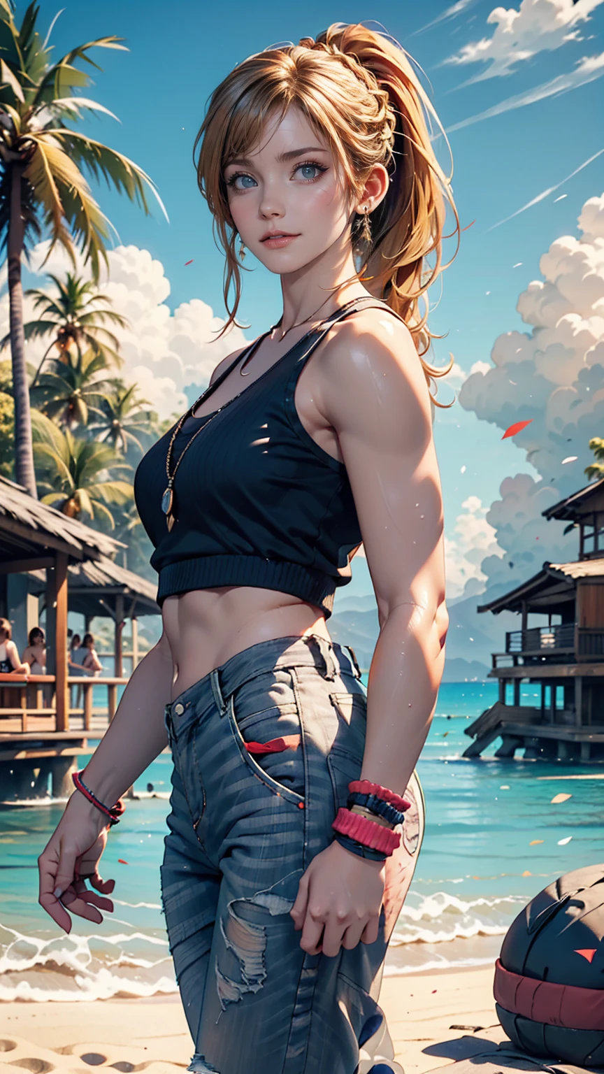 tshirt design, rzminjourney, Vector art, summer design, Hot as Hawaii、24-year-old female、Blonde、blue eyes、Braided ponytail((braided ponytail))、Heavy makeup、Wristbands on both wrists、Cut-off pants((cutoff pants))、Fashionable sandals、blue sky、Tropical Island、Into the river、unmanned、Sandy Beach