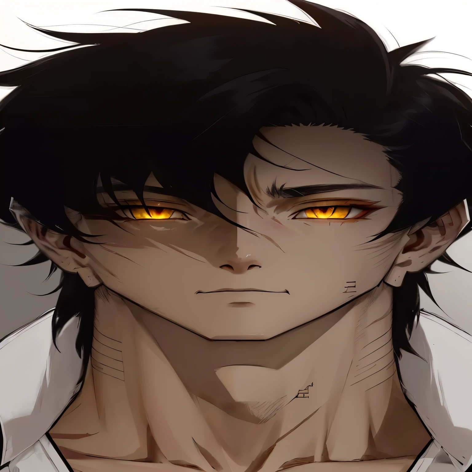 a close-up of a person with a shirt and yellow eyes, with bright yellow eyes, handsome guy in demon slayer art, with glowing eyes, with bright red eyes, cute japanese demon boy, he has yellow wolf eyes, bright yellow eyes, beautiful anime eyes, with bright red eyes, handsome anime man, male anime style, your eyes are bleeding heavily