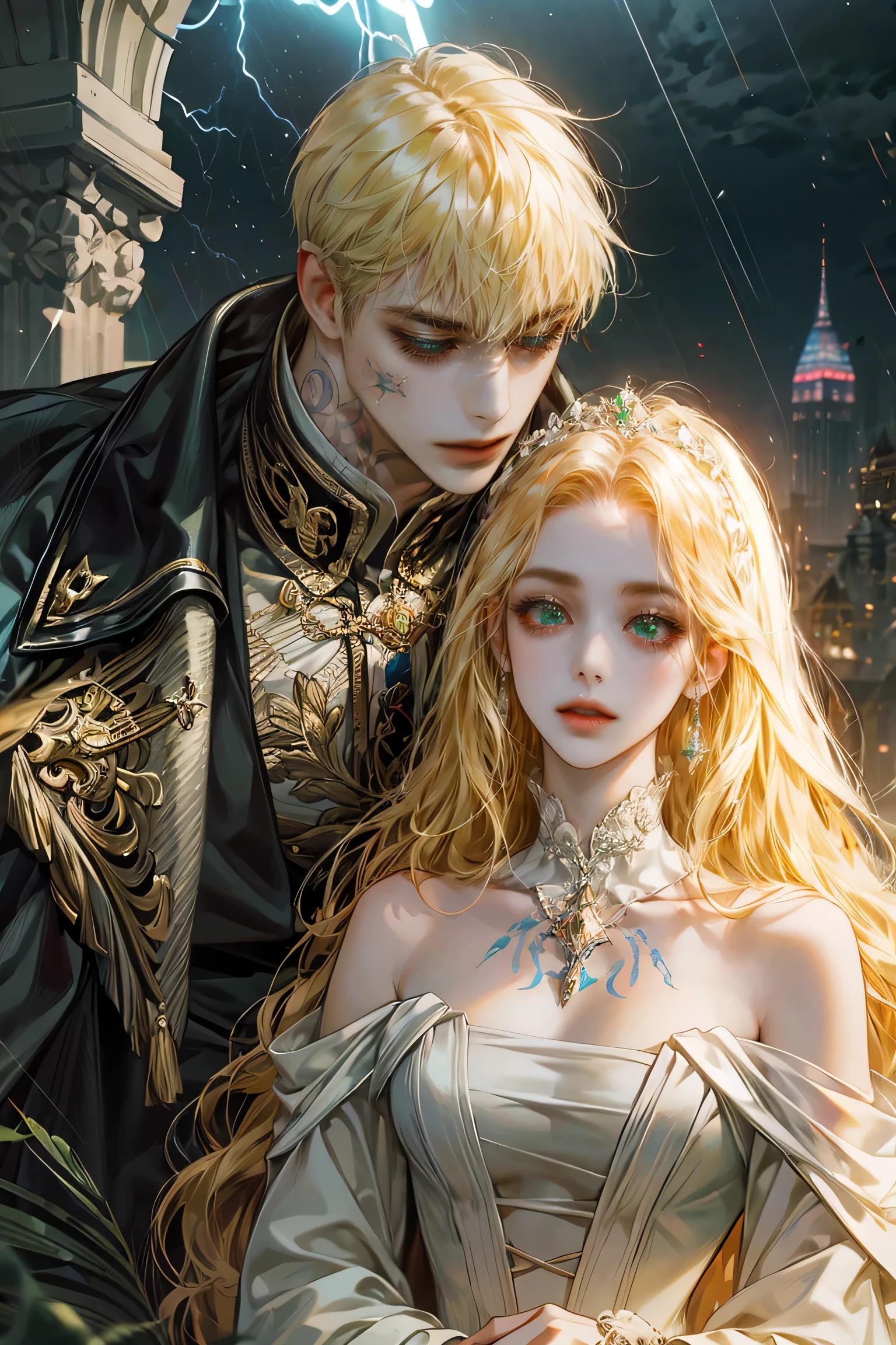 8k, complex, elegant, Very detailed, majestic, digital photography, surreal painting, defeat magic, night garden, blue tones,Winding lightning, (masterpiece, side light, fine and beautiful eyes: 1.2), HdR, (bright green eyes)), victorian dress, (bright tattoo), Chica elegant, cana, musculature, White skin, Raining, elegant, in front of the camera, masterpiece, different hair colors, black hair and blonde hair, noticeable height difference, slender girl, robust muscular boy