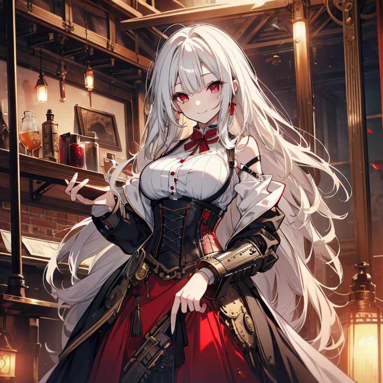 1 girl、Mature、Ample breasts、Long Hair、White Hair、Long Hair、Red Eyes、steampunk outfit、dress、黒いdress、Shoulder Bare、A seductive smile、corset、basement、Steampunk city、Chemical plant、mad scientist、cyborg、High resolution、Highest quality