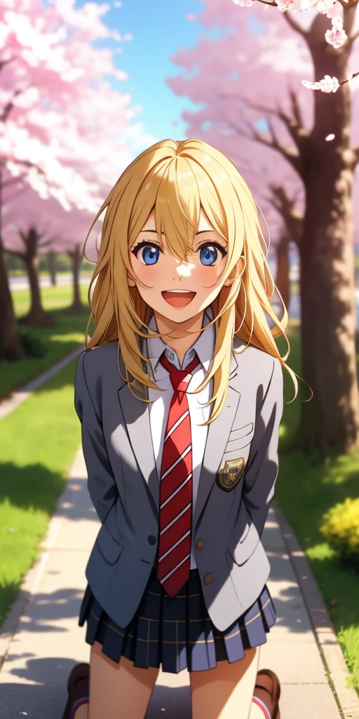 masterpiece、highest quality、High resolution、super fine、leader,blue eyes,blonde hair,long hair,,blazer,Jacket,grey Jacket,open Jacket,stripe tie,(red tie:1.2),collared shirt,blue shirt,long sleeve,plaid skirt,gray skirt,black socks,loafers,CCWORI、blue eyes、blonde、long hair、hair between eyes、bangs、Riman、hair flower、(Fantastic row of cherry blossom trees、Standing under a cherry tree、open your mouth and laugh),dynamic pose, score_9, score_8_up, score_7_up, source_anime,(Masterpiece), (Highest Quality), (Best Quality), (Super High), 1girl,dynamic pose,kneeling