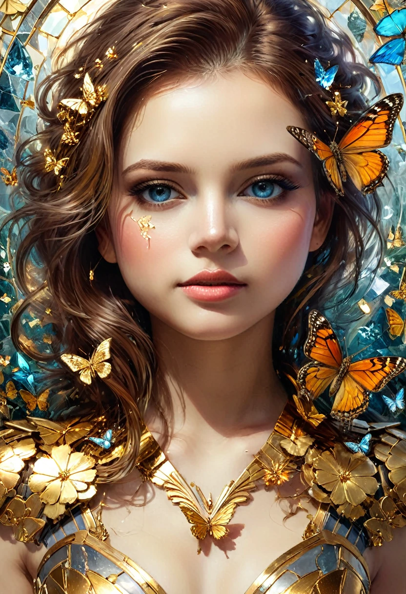 8k portrait of beautiful cyborg with brown hair, intricate, elegant, highly detailed, majestic, digital photography, art by artgerm and ruan jia and greg rutkowski surreal painting gold butterfly filigree, broken glass, (masterpiece, sidelighting, finely detailed beautiful eyes: 1.2), hdr, (detailed background window to a new dimension, plants and flowers:0.7) infinity, infinite symbol,