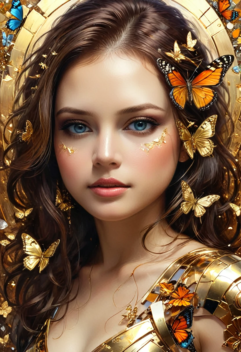 8k portrait of beautiful cyborg with brown hair, intricate, elegant, highly detailed, majestic, digital photography, art by artgerm and ruan jia and greg rutkowski surreal painting gold butterfly filigree, broken glass, (masterpiece, sidelighting, finely detailed beautiful eyes: 1.2), hdr, (detailed background window to a new dimension, plants and flowers:0.7) infinity, infinite symbol,