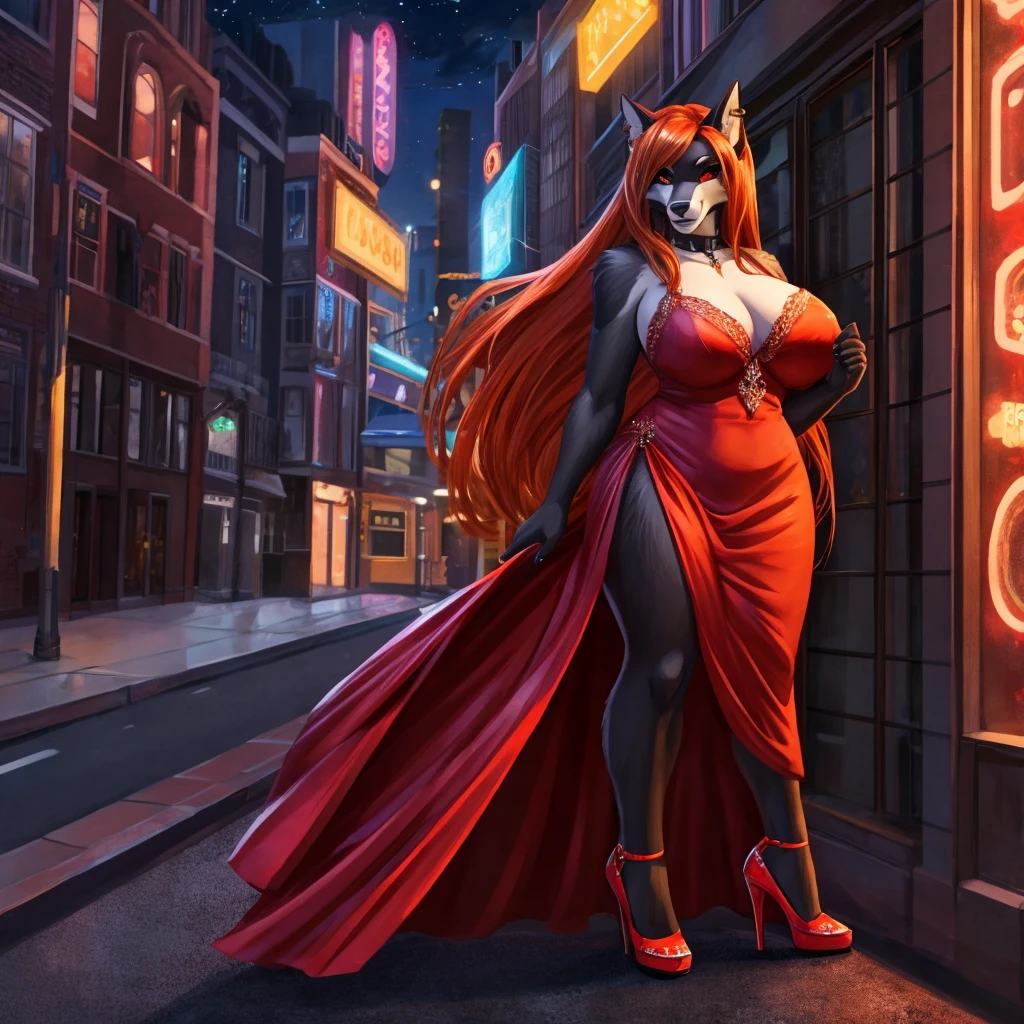 (hellhound), solo, furry, female, long hair, voluptuous, curvy, red dress, heels, city street, orange hair, black fur, orange eyes, black body, nighttime,