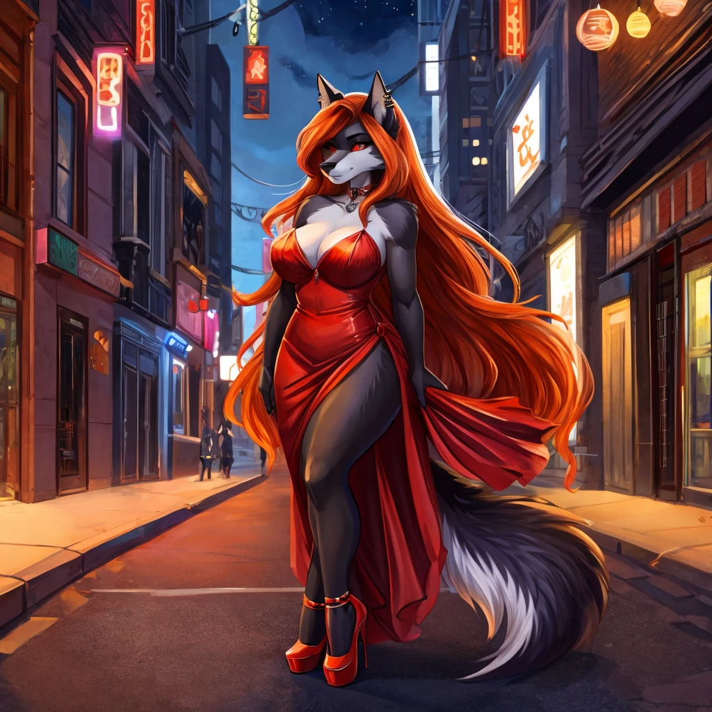 (hellhound), solo, furry, female, long hair, voluptuous, curvy, red dress, heels, city street, orange hair, black fur, orange eyes, black body, nighttime,