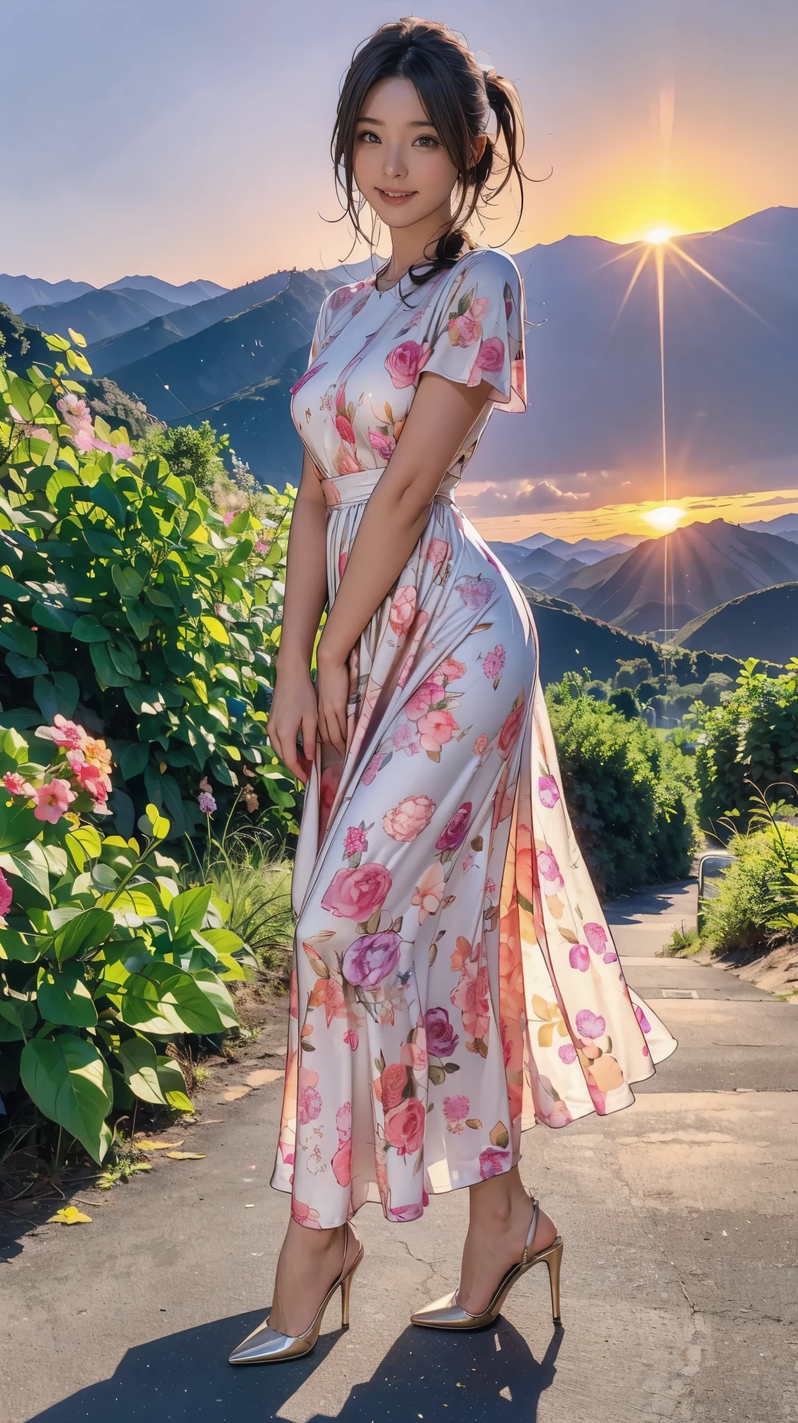 ((masterpiece)),(((Highest quality))),A low-angle shot that highlights beautiful thighs:1.5,Long legs,The best smile:1.5，Slim figure:1.5，whole body:1.5，(One Girl:1.3),(Viewer Display:1.4)，(Pointy high heels:1.3),(Standing with legs apart on top of a mountain in the setting sun:1.2),(Wear a long skirt dress with floral or plant patterns:1.2),Curly Hair:1.5，