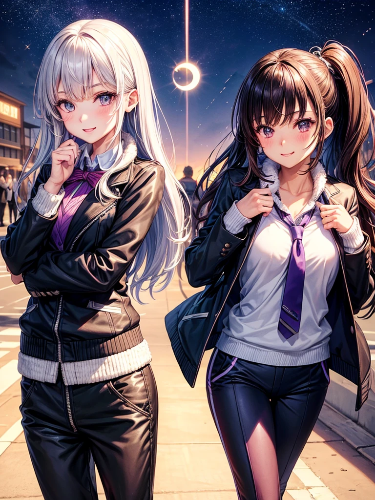 best quality,,smile,blazer,swimsuit,School,Collective of girls,Track jacket,Physical education class,JK,Sexy and cute,future,Wearing a fastener bra,zipper bra,She has her bangs down,Purple Eyes,evolution系ファッション,Cuteness at its finest,Sparkling,Track pants,Long trousers,beautiful,middle School girlultiple girls are depicted,harem,idol group,infinite possibilities,leather jacket,fur jacket,futureの服装,evolution,starry sky background,photo shoot,long hair,wearing a cardigan,beautiful girlの国,girl's paradise,highest quality,big breasts,leather jacket,happy girl,horny girl,Blue eyes,perfect face,standing position,She has her bangs down,fur jacket,Beautiful eyes,smooth hair,perfect eyes,beautiful girl,Angel Girl,multicolored hair colors,naughty girl,beautiful,High-dimensional beautiful girl,Multidimensional beautiful girl,gathering,Group、,