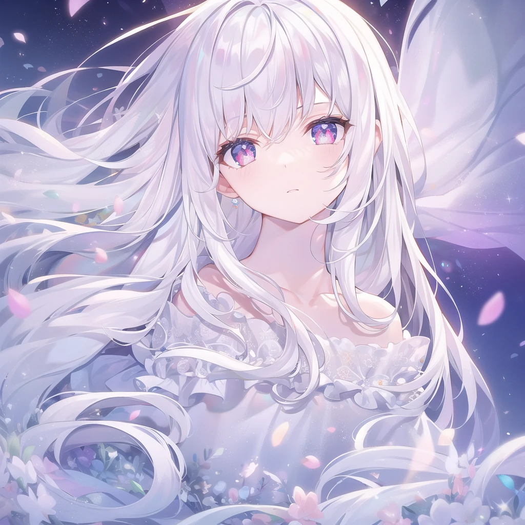 ((masterpiece, best quality))++, Detailed lighting+, Detailed hair+, Detail hand+ ,1 girl, Miss, Long hair, Crimson eyes, beautiful eyes, young white hair,,(Beautiful white hair:1.5),(Beautiful and delicate eyes), high resolution+,glass tint, Reflective eyes, {{angle}} , Very detailed wallpaper, The original, Air bangs,Extremely beautiful CG,Firefly,Galaxy,Shattered like a mirroghting,Galaxy