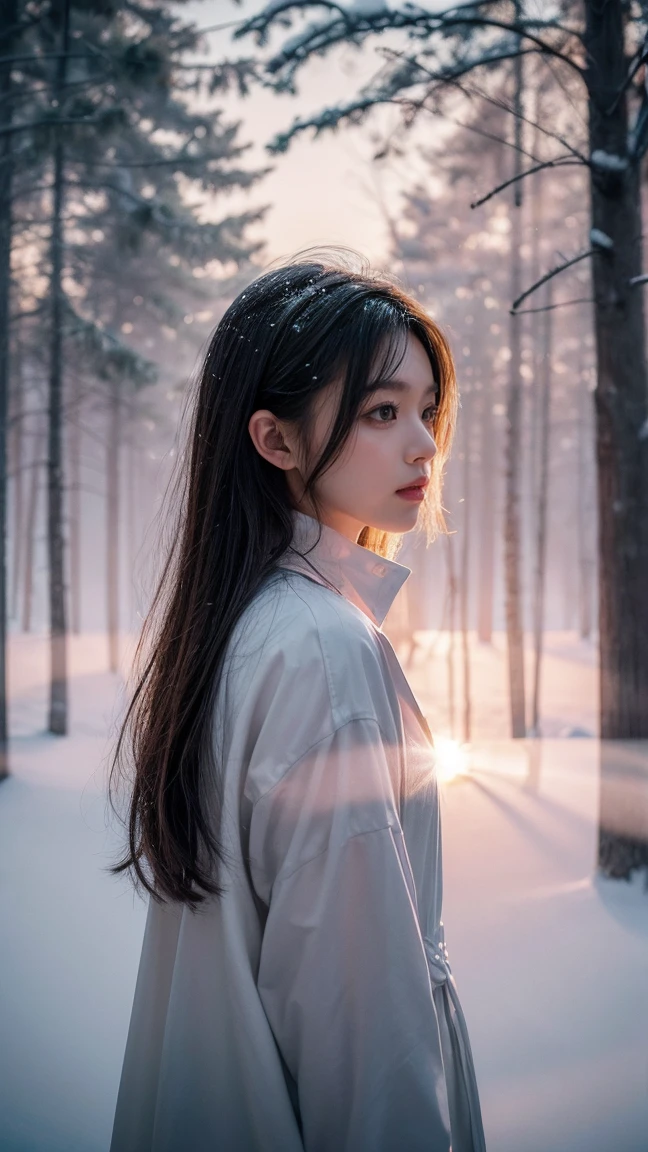 Realistic photos, ソニーA7IVで20mm GマスターレンズをF1の広い絞りに設定して撮Shadowしたシーン.5 Unforgettable beauty unfolds, superior 400, Professional Lighting, Bokeh, Depth of written boundary, Shadow, Bright light, granular, Very detailed, Bright high contrast light, sunset, Stunning Magical Night Colours, Thick Fog, Foggy, Dummy Color, White Forest Girl, snow, Peaceful and eerie, girl facing forward, Everything quickly fades into a white background, The atmosphere is quiet, calm and peaceful, deeply、Evoke emotions,