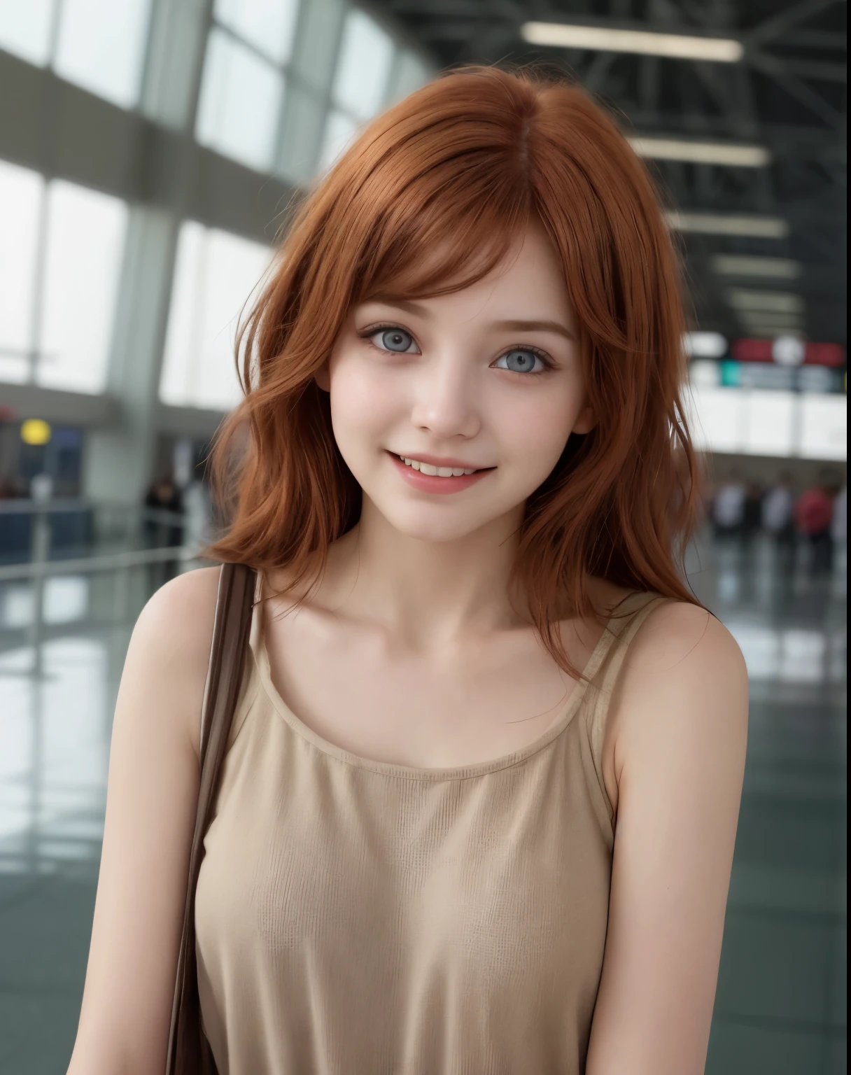 One girl, alone, asymmetrical, airport, indoor, Light, Arms at your sides, 1 girl, Adult (Elf:0.7) woman, Coral colored eyes, Auburn textured hair, Ombre,, Laughter