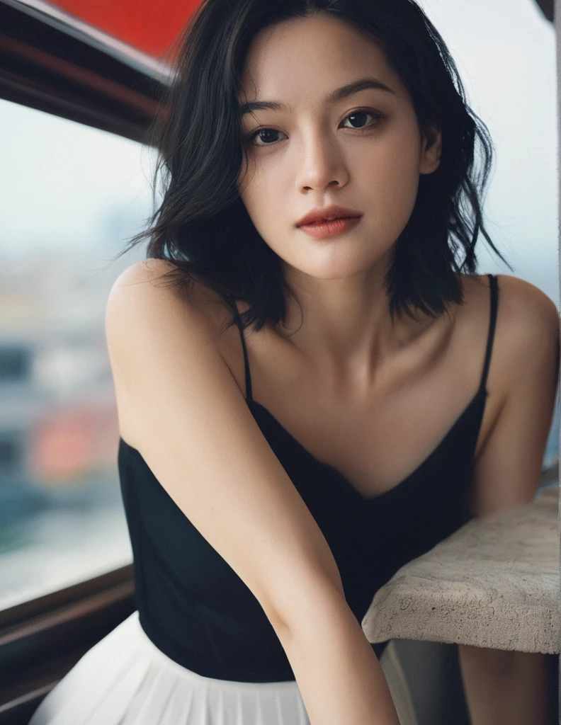 xxmixgirl, Close up Portrait of a beautiful cute long and slender face Japanese girl, A gorgeous young cute asian woman in a Glamorous outfit, cute wided smiling, still from the film, ((young Marion Cotillard face : 1.2)), ((young Anne Hathaway face: 1.0)), from front, realistic portrait photo of a cute 25 years old girl, looks at viewer, full lips, natural skin, skin moles, stormy weather, (cinematic, film grain:1.1), ((asian winged eyes, very long and slender slim face, windy tousled, long straight black ponytail, strapless crop top)), hard nipple, dark room, bent over, see through, sunlight, under , big saggy breast, teardrop breast, arms up, hands attached with ropes from above, facing the window, adorable bright eyes, detailed face, detailed and realistic eyes, (spider gwen), feeling sexy, head down, (Leica SL3, Summicron-SL 75 f/2 ASPH, kodak Ektar 200 film), hands up, bokeh, silhouette, shallowed depth of field, dynamic action pose, hands up, nsfw, 18+