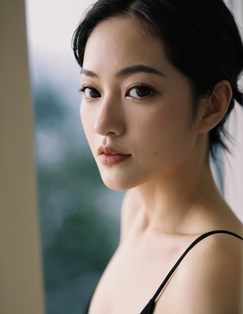xxmixgirl, Close up Portrait of a beautiful cute long and slender face Japanese girl, A gorgeous young cute asian woman in a Glamorous outfit, cute wided smiling, still from the film, ((young Marion Cotillard face : 1.2)), ((young Anne Hathaway face: 1.0)), from front, realistic portrait photo of a cute 25 years old girl, looks at viewer, full lips, natural skin, skin moles, stormy weather, (cinematic, film grain:1.1), ((asian winged eyes, very long and slender slim face, windy tousled, long straight black ponytail, strapless crop top)), hard nipple, dark room, bent over, see through, sunlight, under , big saggy breast, teardrop breast, arms up, hands attached with ropes from above, facing the window, adorable bright eyes, detailed face, detailed and realistic eyes, (spider gwen), feeling sexy, head down, (Leica SL3, Summicron-SL 75 f/2 ASPH, kodak Ektar 200 film), hands up, bokeh, silhouette, shallowed depth of field, dynamic action pose, hands up, nsfw, 18+