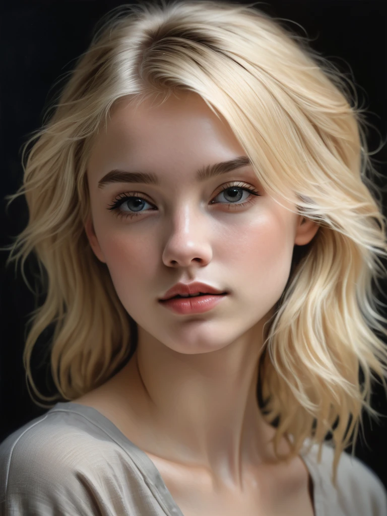 a young woman, blonde, dark theme, soothing tones, muted colors, high contrast, (natural skin texture, hyperrealism, soft light, sharp)
