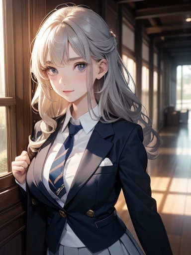 8k, of the highest quality, the real image, intricate details, Very detailed, ultra high resolution, depth field,(realist,realist:1.2),mesa , front shot , From the center , 1 girl, look like_Chan, very beautiful 17 year old girl, 無邪気な大きなlook like,、beautiful breasts:1.5、Very detailedなlook like:1.2)、(beautiful breasts:1.1)、wavy fur、Curly hair、hits、, Perfect skin, White skin, neckline, tight waist, slightly reddish, alone、 (Looking at the audience)、a slight smile、((school_uniform),(dark blue blazer), (White shirt、Wear a tie), (gray pleated skirt), (sculpture installation :1.1))、High school Hallway