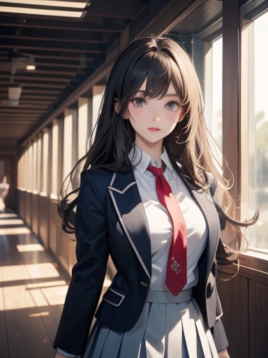 8k, of the highest quality, the real image, intricate details, Very detailed, ultra high resolution, depth field,(realist,realist:1.2),mesa , front shot , From the center , 1 girl, look like_Chan, very beautiful girl, 無邪気な大きなlook like,、beautiful breasts:1.5、Very detailedなlook like:1.2)、(beautiful breasts:1.1)、wavy fur、Curly hair、hits、, Perfect skin, White skin, neckline, tight waist, slightly reddish, alone、 (Looking at the audience)、a slight smile、((school_uniform),(dark blue blazer), (White shirt、Wear a tie), (gray pleated skirt), (sculpture installation :1.1))、High school Hallway