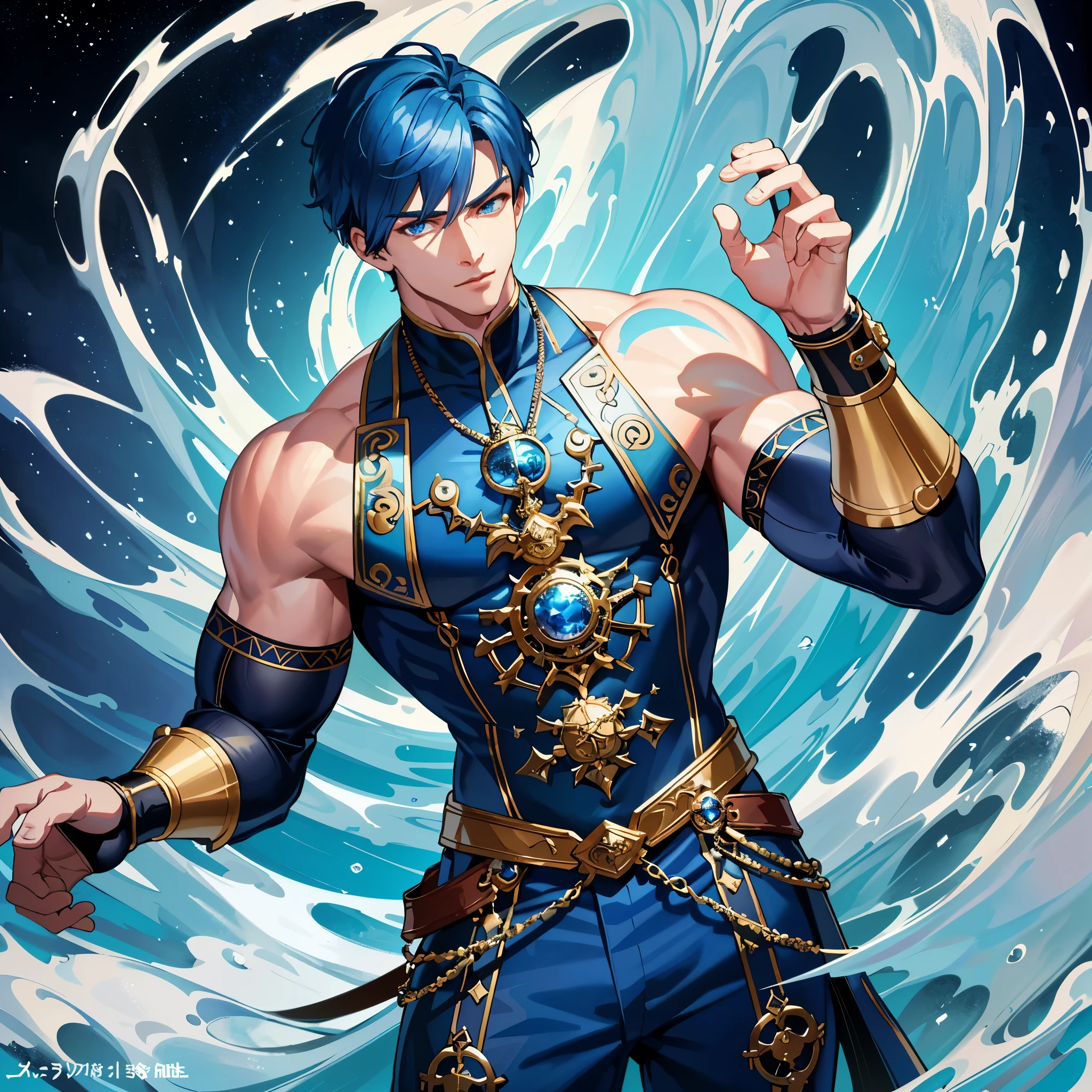 masterpiece, Best Quality, painting of ((a strikingly handsome and muscular man with short vibrant blue hair and captivating blue eyes.)), dressed in an intricate dark blue costume, vest, inspired by water, steampunk, exuding confidence, depicted in a dynamic full body pose.. cuerpo completo. Personaje completo