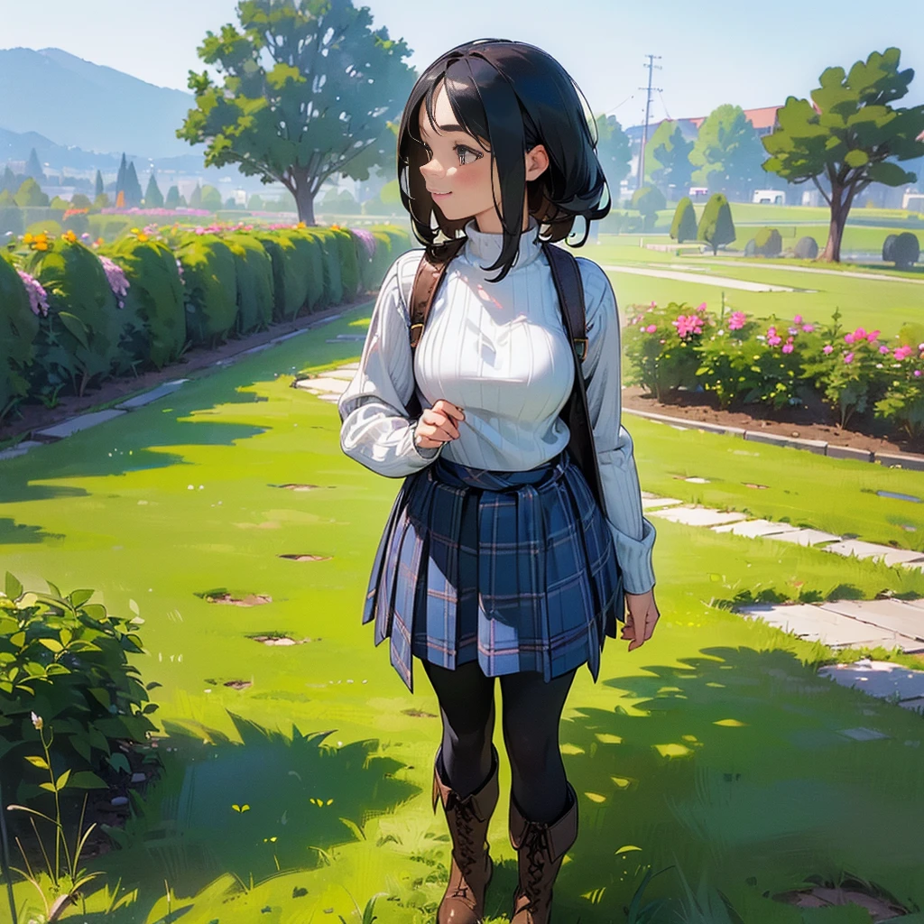 (high quality, High resolution, Super detailed, Realistic:1.37), Peaceful atmosphere, (Outdoor, garden), Teenage girl standing alone, (my breasts are big.), Beautifully detailed features, Cute Smile, (Black bob hair), Ribbed sweater, Blue plaid skirt, black tights, Brown boots.