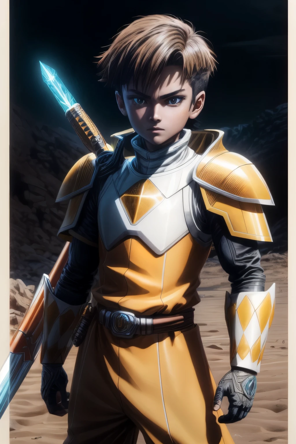 megzeromyth2023,1boy, short brown hair, yellow armor, orange energy sword, 8k, uhd, best quality, masterpiece, intricate,4k,8HD,dino armor,power ranger style,young boy,no helmet,not helmet