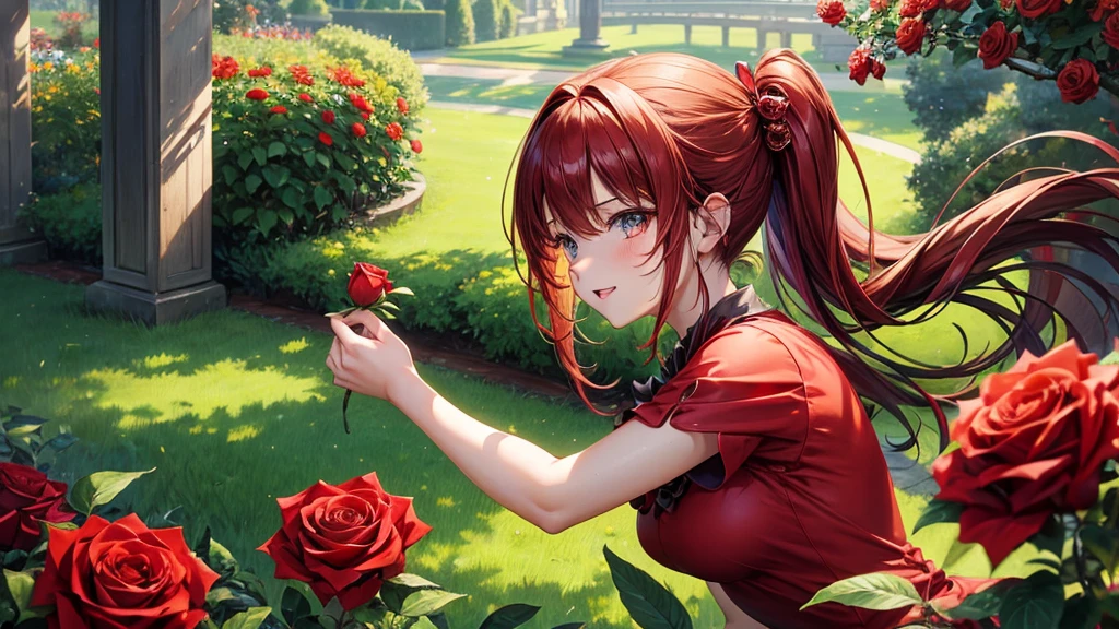 anime Girl in red dress honding a red rose in her hand in a green garden