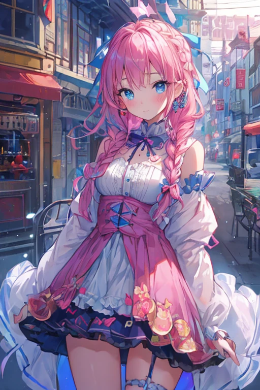 a cute girl with blushing face, intricate braids, piercing blue eyes, ribbon, sparkling effects, pink hair, highly detailed, photorealistic, 8k, masterpiece, cinematic lighting, lush environment, vibrant colors