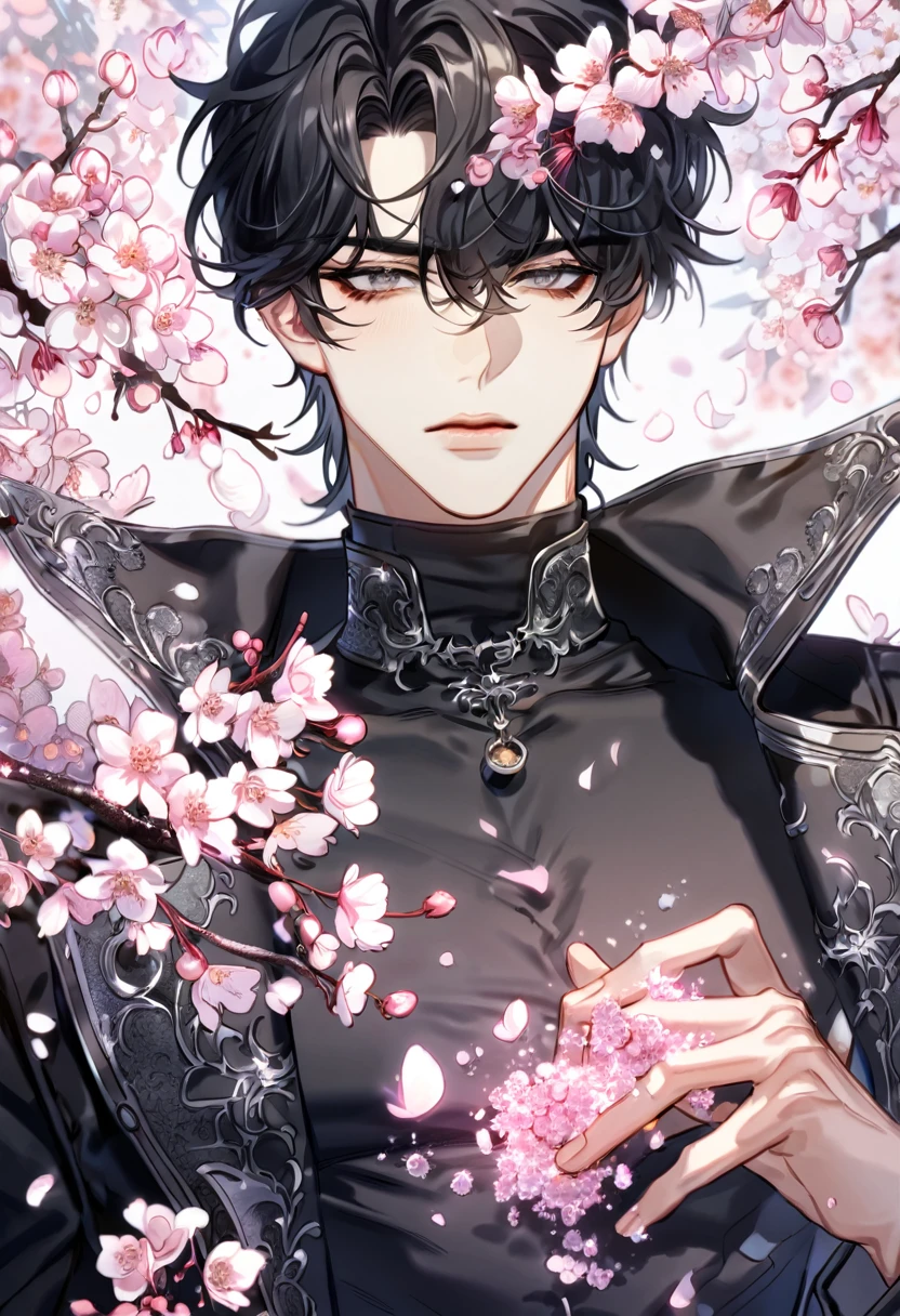 Ultra detailed, HDR, Highres, absurdres, master piece, Yoo Joonghyuk, black hair, expressive gray eyes, black coat, black tight turtleneck shirt, Omniscient Reader's viewpoint, sexy man, handsome, cherry, flowers, blossoms, fantasy, magical, pink leaves, sensual, best quality, glittering, pink butterflies, pink ice,