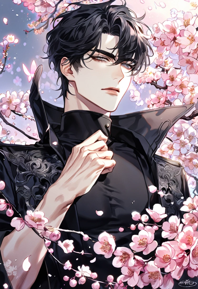 Ultra detailed, HDR, Highres, absurdres, master piece, Yoo Joonghyuk, black hair, expressive gray eyes, black coat, black tight turtleneck shirt, Omniscient Reader's viewpoint, sexy man, handsome, cherry, flowers, blossoms, fantasy, magical, pink leaves, sensual, best quality, glittering, pink butterflies, pink ice,