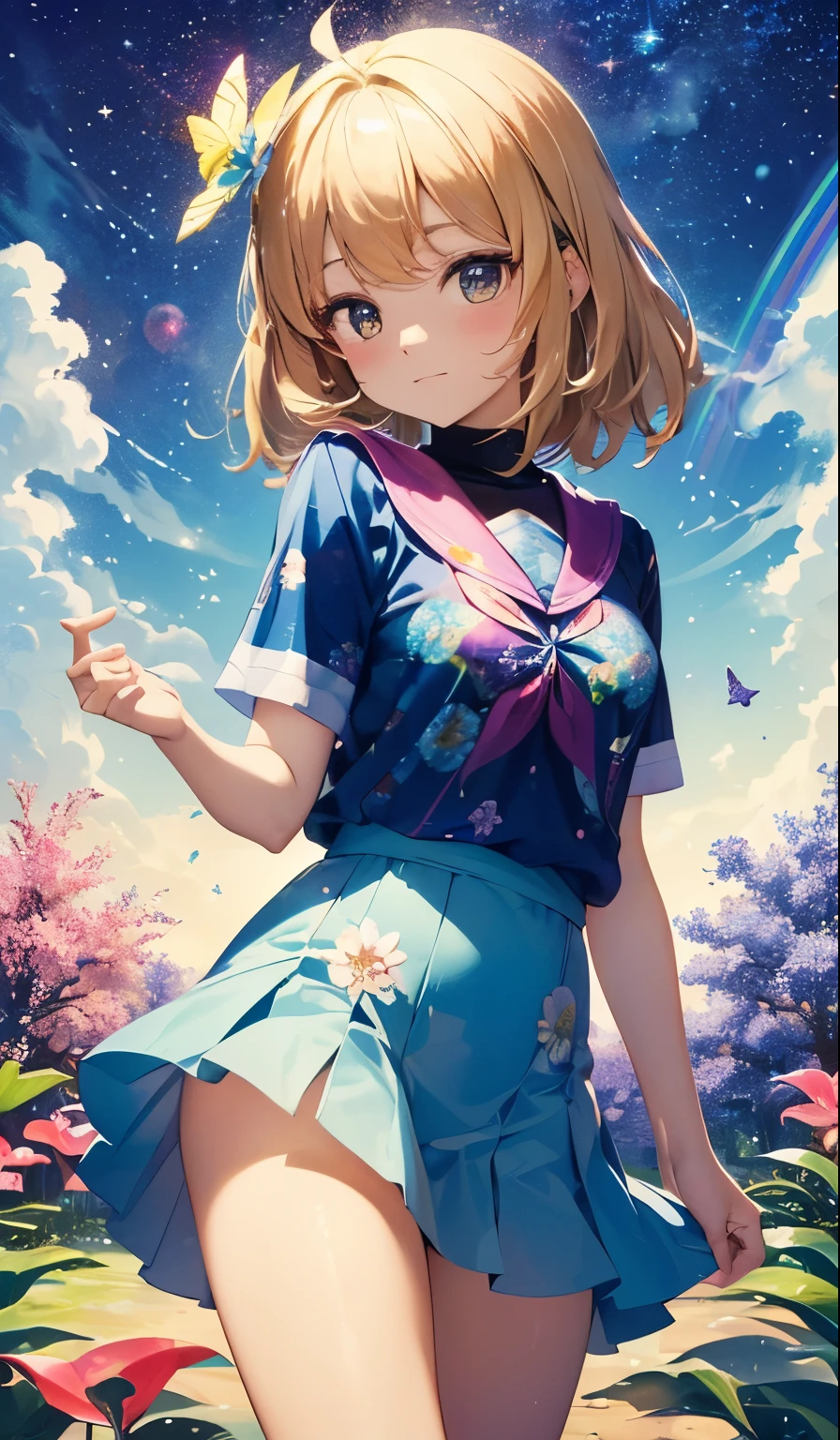 (Little:1.6),Melody Mark,Highest quality、Tabletop、1 Female、solo、(Abstract art:1.6),(Psychedelic Theme:1.6),(Gunjo World:1.5),(Marine:1.5),(Blue World:1.5),(At the center of the world is the most beautiful woman in the world),(Many stars are falling:1.3),A ray of light spreads,Crystals spreading from the center,Prisma(Nostalgic scenery:1.5),(Colorful flowers:1.3),Garden Girl,Gentle sunlight,Breeze,Delicate flowers,A rainbow-colored butterfly flutters its wings,Captivating natural beauty,Shining Star Fragment, crystal,