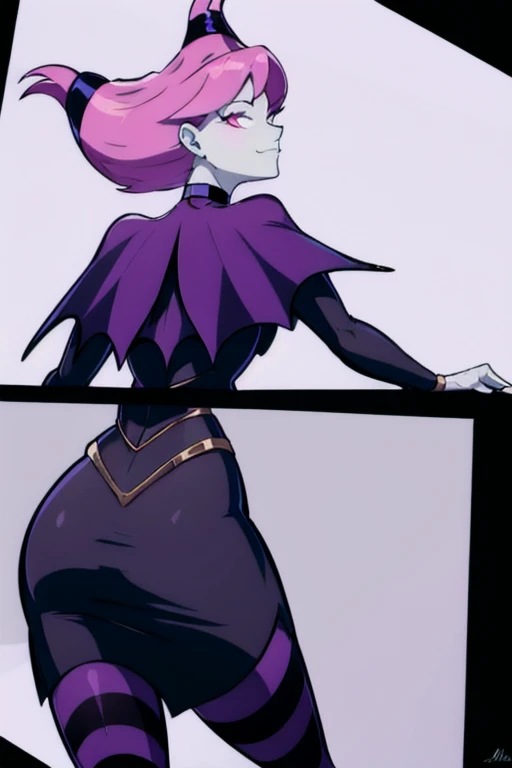 Jinx_TeenTitans,   1girl, solo, pink eyes, pink hair, grey skin, hair up, pale skin, medium hair, hair horns, choker, striped pantyhose, capelet, black dress, jewelry, smile, cape, cloak, room leaning back, posing, from behind, ass support looking at viewer, 