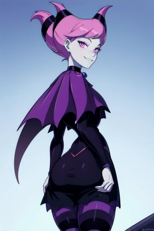 Jinx_TeenTitans,   1girl, solo, pink eyes, pink hair, grey skin, hair up, pale skin, medium hair, hair horns, choker, striped pantyhose, capelet, black dress, jewelry, smile, cape, cloak, room leaning back, posing, from behind, ass support looking at viewer, 