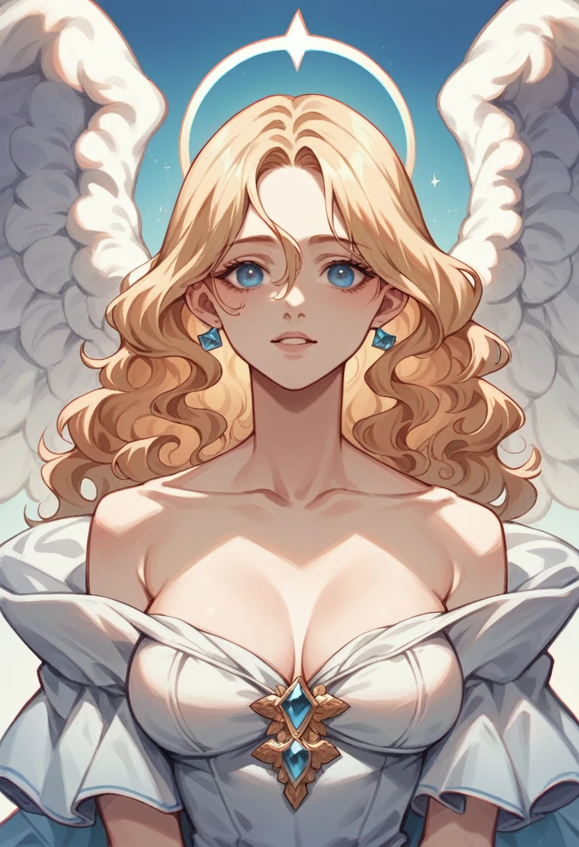 angelic woman,big angel wings,short white wavy hair,blue colored eyes,vestido branco curto,semi-new,chest neckline,big boobies