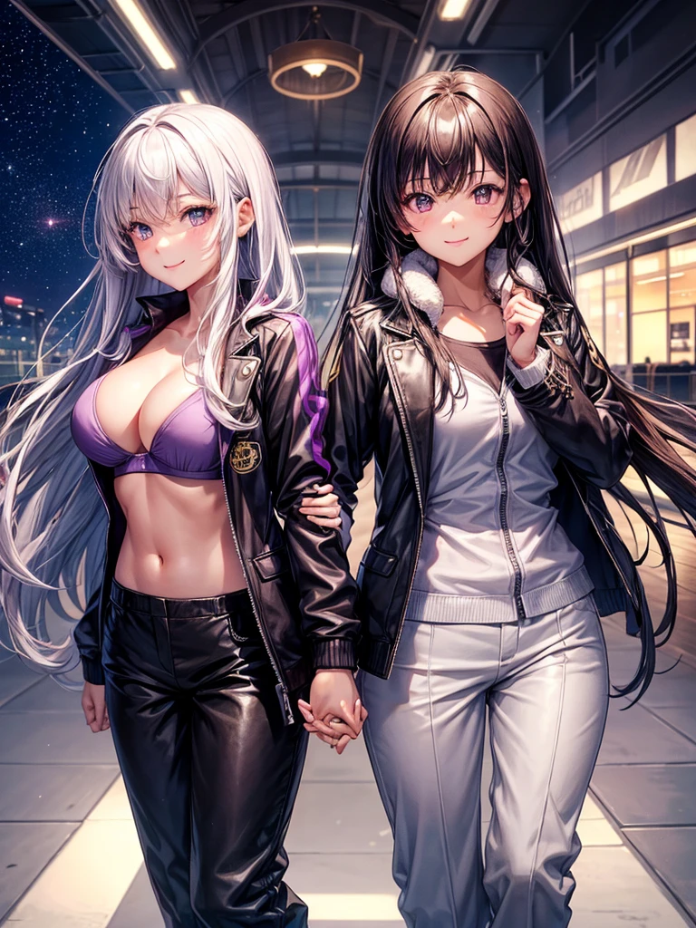 best quality,,smile,blazer,swimsuit,School,Collective of girls,Track jacket,Physical education class,JK,Sexy and cute,future,Wearing a fastener bra,zipper bra,She has her bangs down,Purple Eyes,evolution系ファッション,Cuteness at its finest,Sparkling,Track pants,Long trousers,beautiful,middle School girlultiple girls are depicted,harem,idol group,infinite possibilities,leather jacket,fur jacket,futureの服装,evolution,starry sky background,photo shoot,long hair,wearing a cardigan,beautiful girlの国,girl's paradise,highest quality,big breasts,leather jacket,happy girl,horny girl,Blue eyes,perfect face,standing position,She has her bangs down,fur jacket,Beautiful eyes,smooth hair,perfect eyes,beautiful girl,Angel Girl,multicolored hair colors,naughty girl,beautiful,High-dimensional beautiful girl,Multidimensional beautiful girl,gathering,Group、,