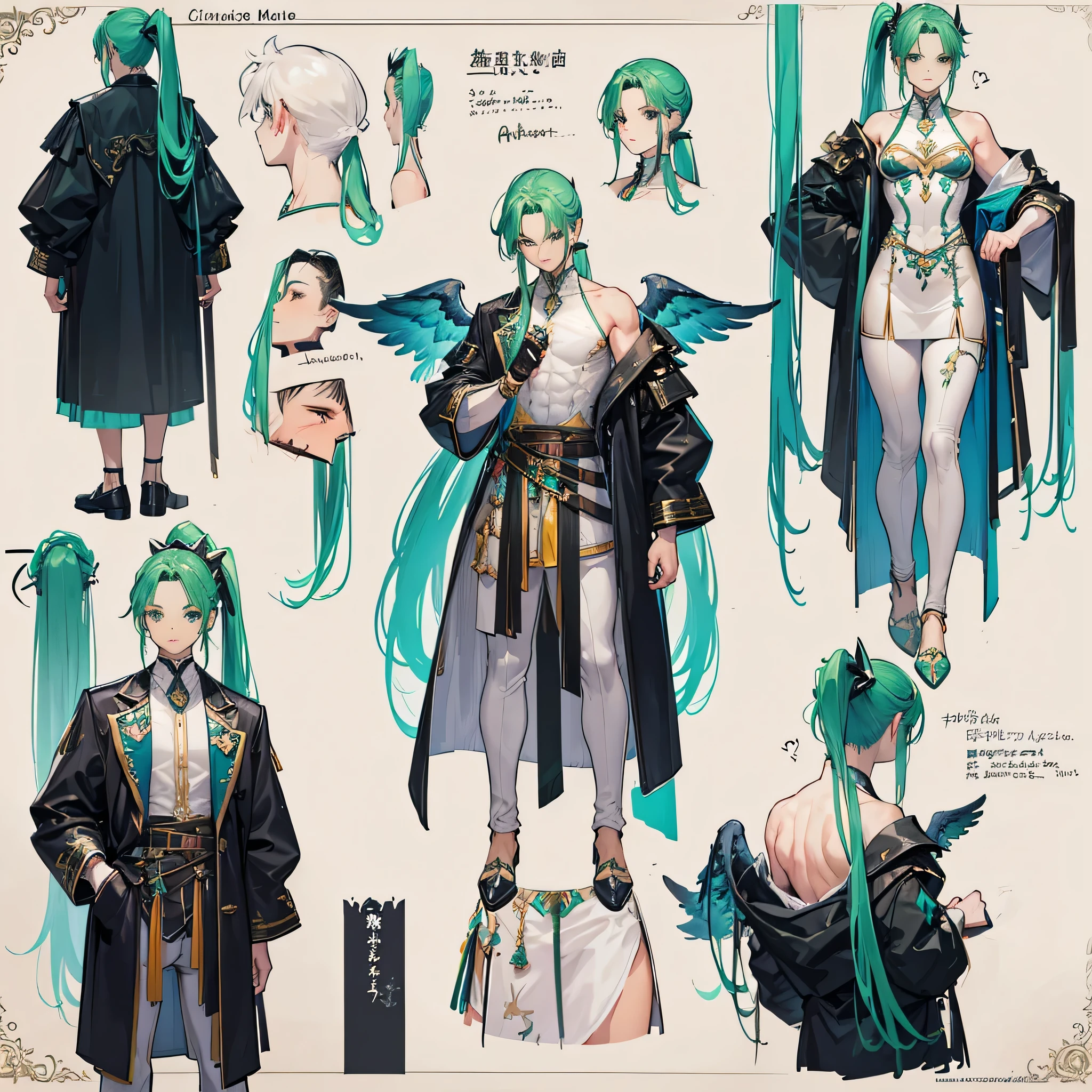 (Masterpiece, best quality), detailed, 1 man, ((character concept art)), ((character design sheet, same character, front, side, back)), full body, body complete, 1 Male angel, 1 Man angel, Detailed face, character design sheet,full bodyesbian, Highly detailed, character sheet, character design, Many parts, dark skin, angel wings, long ponytail green hair, angel outfit, muscle male god, male clothes, masculine, muscle man, male muscle, manly, male angel, Muscle male with long ponytail green, hair,beautiful man, beautiful muscle man