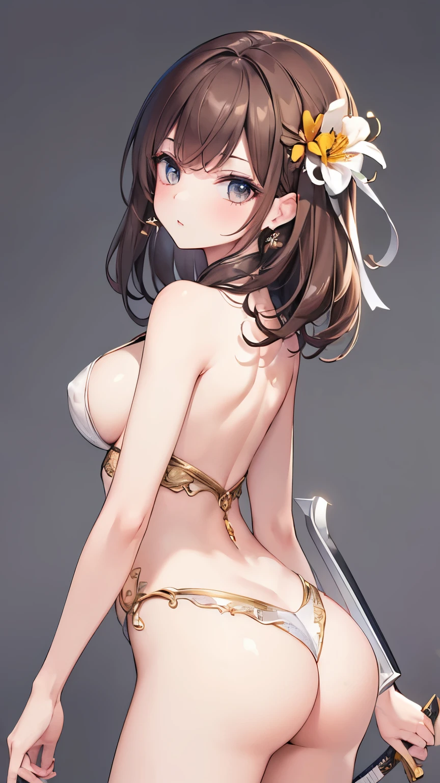 ((Highest quality)), ((masterpiece)), (detailed), Perfect Face, ((Highest quality, 8k, masterpiece: 1.3)), Sharp focus Beautiful woman with perfect body, Slim abdomen, Highly detailed face and skin texture, detailedな目, double eyelid, Brown Hair, Low Twin Blade, Hair Flower, Heart Earrings, From behind