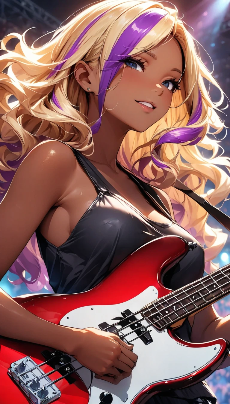 (highest quality:1.2, Very detailed, up to date, Vibrant, Ultra-high resolution, High Contrast, masterpiece:1.2, highest quality, Best aesthetics), Portraiture、girl、slim, stage、performance、Rock Music、Bright colors、Beautiful fine details、Beautiful lip detail、extra short hair, ((wavy hair:1.3))、messy hair, blonde and blue ((streaked hair:1.5)), highlights hair: 1.3, middium breast, (tan skin:1.3), Music band、Cheerful pose、Concert Light、Edgy Style、black tank top、Dynamic Movement、hypnotic sounds、Stadium、amplifier、Loud music、Electric bass、((playing bass:1.3)), Fender bass, (mike stand:1), Powerful vocals、Passionate performance、Sparkling stage、Concert atmosphere、Music Festival、Full of emotion、Rock star attitude、Resolute expression、Avid Fan、The presence of an attractive stage、 Expressive gestures、Rock star aura、An exciting atmosphere、Sing with all your heart、An unforgettable show, ((full body:1.5)), facing viewer