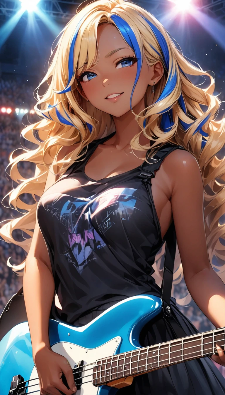 (highest quality:1.2, Very detailed, up to date, Vibrant, Ultra-high resolution, High Contrast, masterpiece:1.2, highest quality, Best aesthetics), Portraiture、girl、slim, stage、performance、Rock Music、Bright colors、Beautiful fine details、Beautiful lip detail、extra short hair, ((wavy hair:1.3))、messy hair, blonde and blue ((streaked hair:1.5)), highlights hair: 1.3, medium breast, (tan skin:1.3), Music band、Cheerful pose、Concert Light、Edgy Style、black tank top、Dynamic Movement、hypnotic sounds、Stadium、amplifier、Loud music、Electric bass、((playing bass:1.3)), Fender bass, Passionate performance、Concert atmosphere、Music Festival、Full of emotion、Rock star attitude、Resolute expression、Avid Fan、Expressive gestures、Rock star aura、An exciting atmosphere, (upper body),