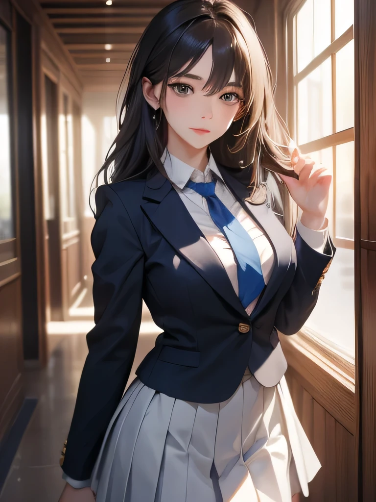 (masterpiece,Highest quality:1.3,best quality illustration,realistic),cowboy shot,1woman,20 year old Japanese beauty,((very small head:1.3)),Long brown hair,bangs,brown eyes,gorgeous eyes,blush,smile,small breasts,(very long bod:1.3),(toned body,slender body,skinny,tan skin),(Navy uniform navy blue blazer jacket、White Shirt、Navy blue tie、Navy blue tight mini skirt),gleaming skin,shiny skin,sweat,standing,Naval Base、Tokyo、