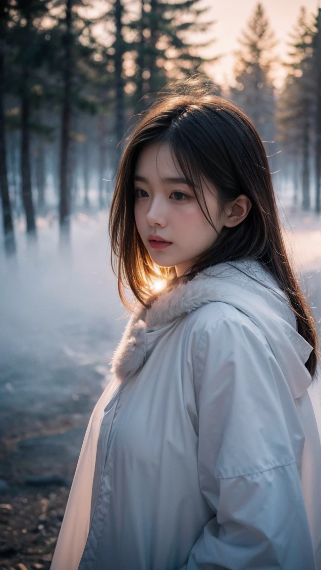 Realistic photos, ソニーA7IVで20mm GマスターレンズをF1の広い絞りに設定して撮Shadowしたシーン.5 Unforgettable beauty unfolds, superior 400, Professional Lighting, Bokeh, Depth of written boundary, Shadow, Bright light, granular, Very detailed, Bright high contrast light, sunset, Stunning Magical Night Colours, Thick Fog, Foggy, Dummy Color, White Forest Girl, snow, Peaceful and eerie, girl facing forward, Everything quickly fades into a white background, The atmosphere is quiet, calm and peaceful, deeply、Evoke emotions,Facing forward,Eyes open